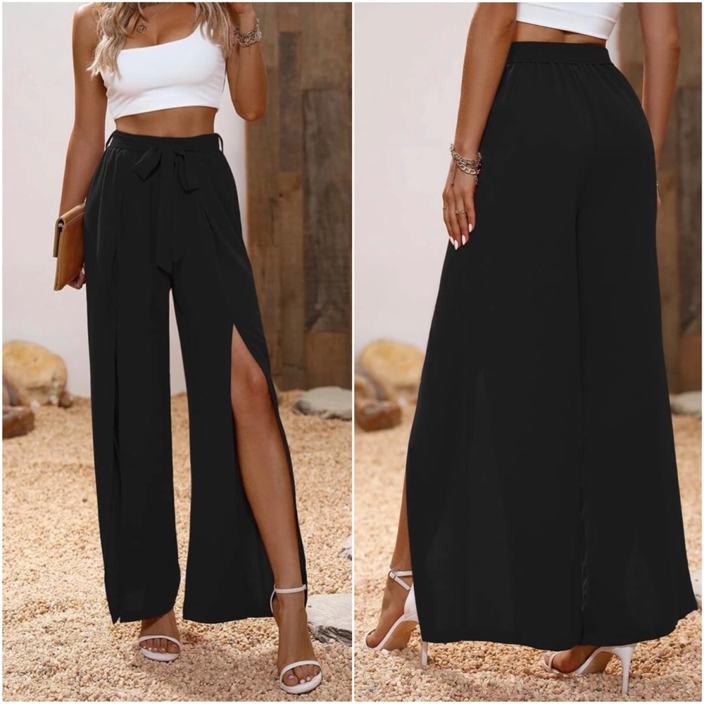 Black Slit Leg Wide leg Chic Pants - Picture 3 of 9